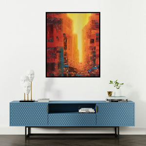 Purnendu Mandal's 'First Light (Radiant City)' painting visualized above a sofa in a contemporary room.