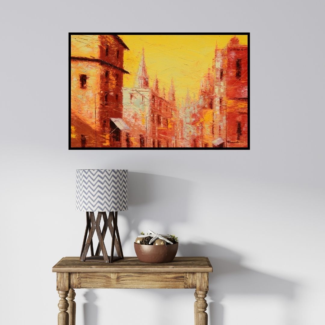 In-situ view of Purnendu Mandal's 'First Light 3 (Awakening City)' painting in a room