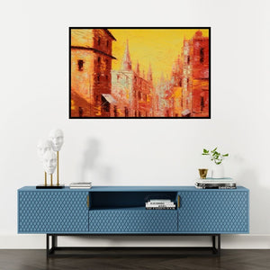 Preview of 'First Light 3 (Awakening City)' Painting by Purnendu Mandal shown on a wall in a furnished room.