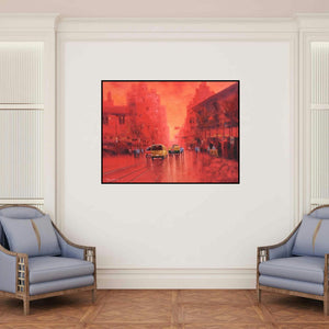 'First Light' painting by Purnendu Mandal shown on a wall in a furnished room.