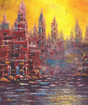 Cityscape oil painting titled 'First Lite', 36x30 inches, by artist Purnendu Mandal on Canvas
