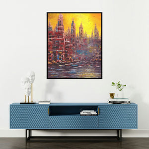 Purnendu Mandal's 'First Lite (City of Spires)' painting visualized above a sofa in a contemporary room.