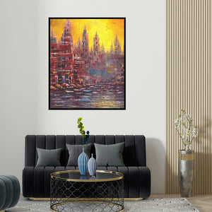 'First Lite (City of Spires)' painting by Purnendu Mandal shown on a wall in a furnished room.