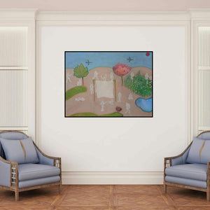 'First Time Clothes Making (A Day in the Village**)' painting by Santosh Pattar shown on a wall in a furnished room.