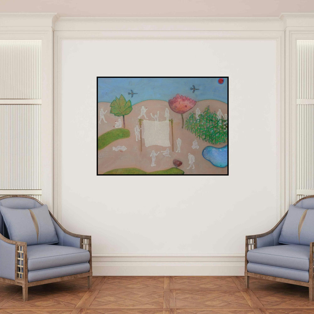 'First Time Clothes Making (A Day in the Village**)' painting by Santosh Pattar shown on a wall in a furnished room.