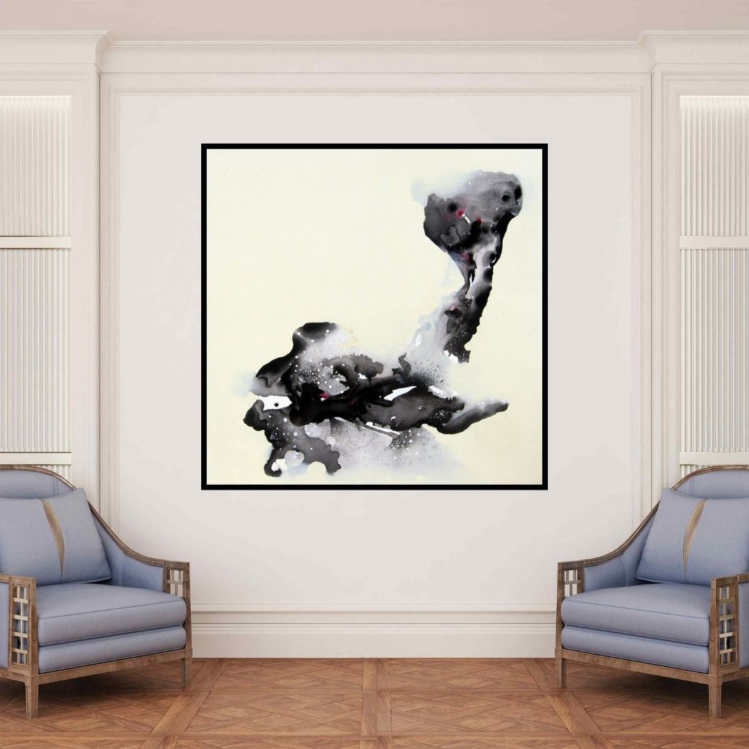 In-situ view of Huma Khan's 'Fish (Whispers of Nature: An Abstract Composition in Ink and Wash)' painting in a room