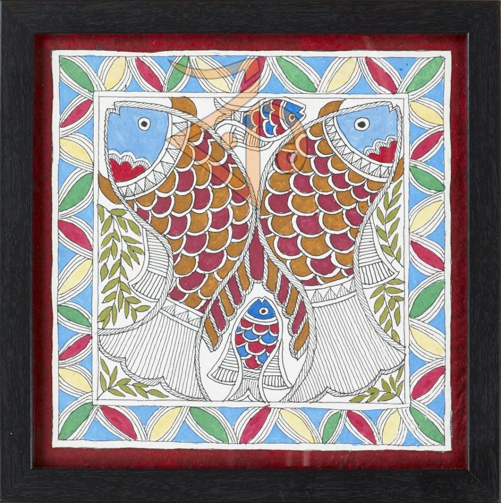 Folk Art madhubani traditional art titled 'Fish 2 Madhubani Painting', 7x7 inches, by artist Kalaviti Arts on Cloth