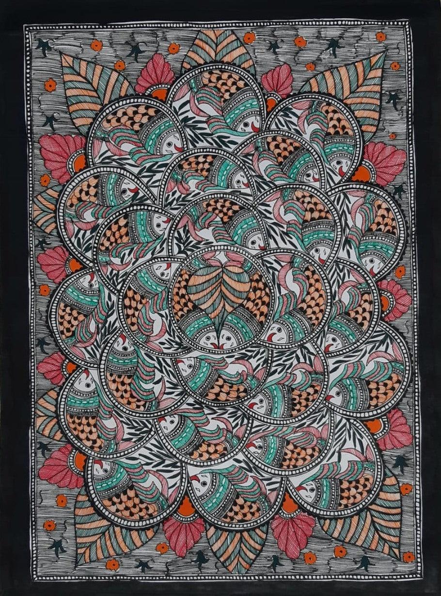 Animals madhubani traditional art titled 'Fish Madhubani 1', 30x22 inches, by artist Mithilesh Jha on Paper