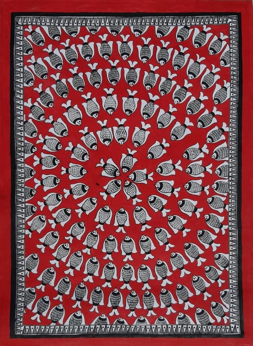 Animals madhubani traditional art titled 'Fish Madhubani', 30x22 inches, by artist Mithilesh Jha on Paper
