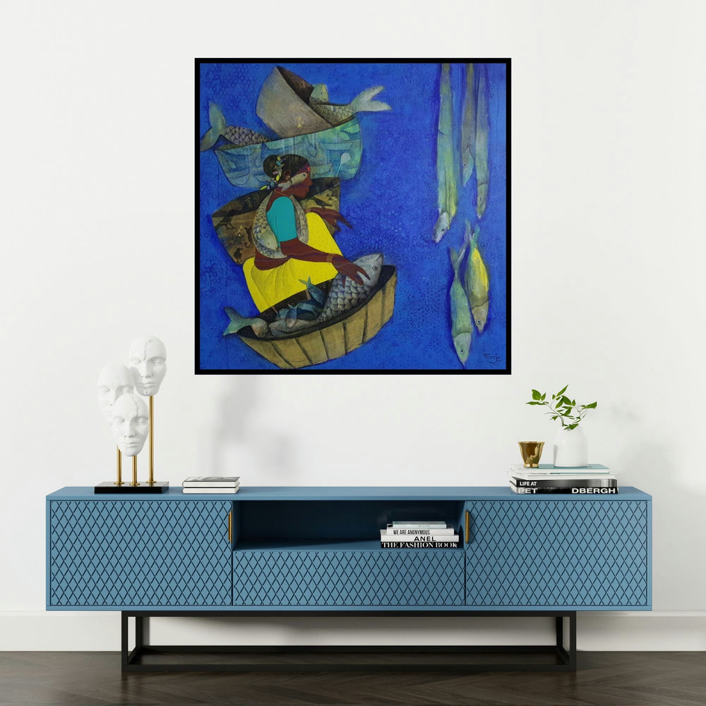'Fisher Women 2 (Harvest from the Sea)' painting by Pooja Mhatre shown on a wall in a furnished room.