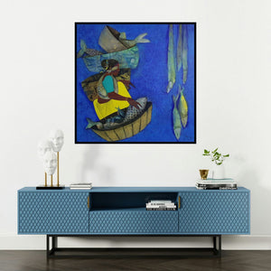 'Fisher Women 2 (Harvest from the Sea)' painting by Pooja Mhatre shown on a wall in a furnished room.