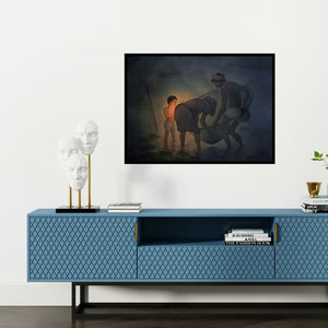 Preview of 'Fisherman 2' Painting by Rajib Gain shown on a wall in a furnished room.