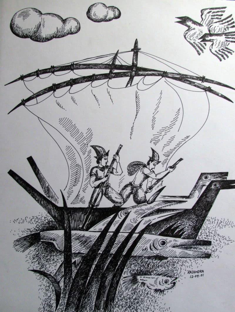 Landscape ink drawing titled 'Fisherman', 12x11 inches, by artist Rajendra V on Ivory Paper