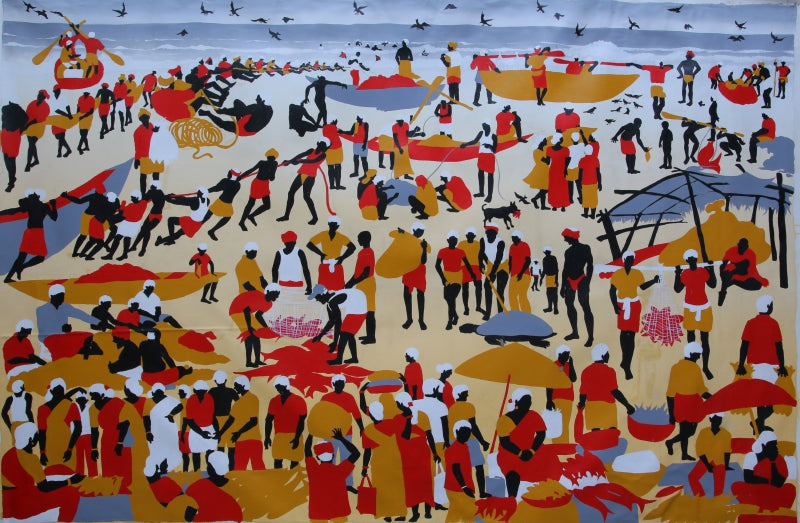 Fisherman Life 1' figurative acrylic painting by artist Srinivasa Rao Duggapu, 36x72 inch, on canvas