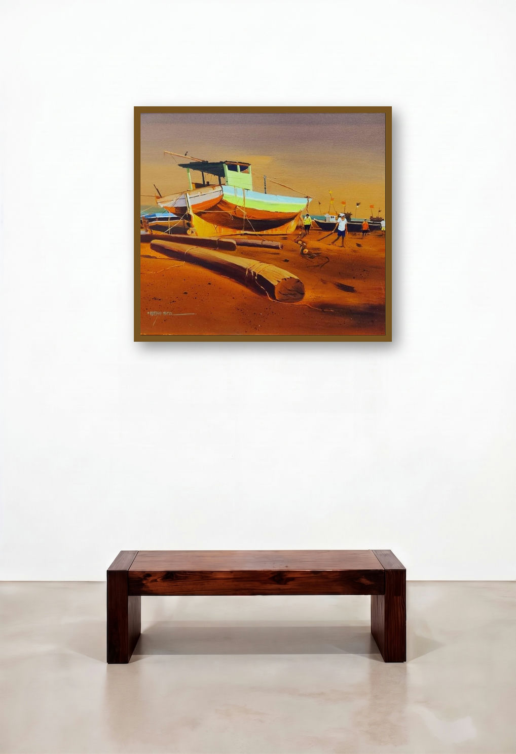 Fishermen Life (A Day at the Docks**) by artist Rupesh Patil displayed in a Minimalist Hotel Lobby