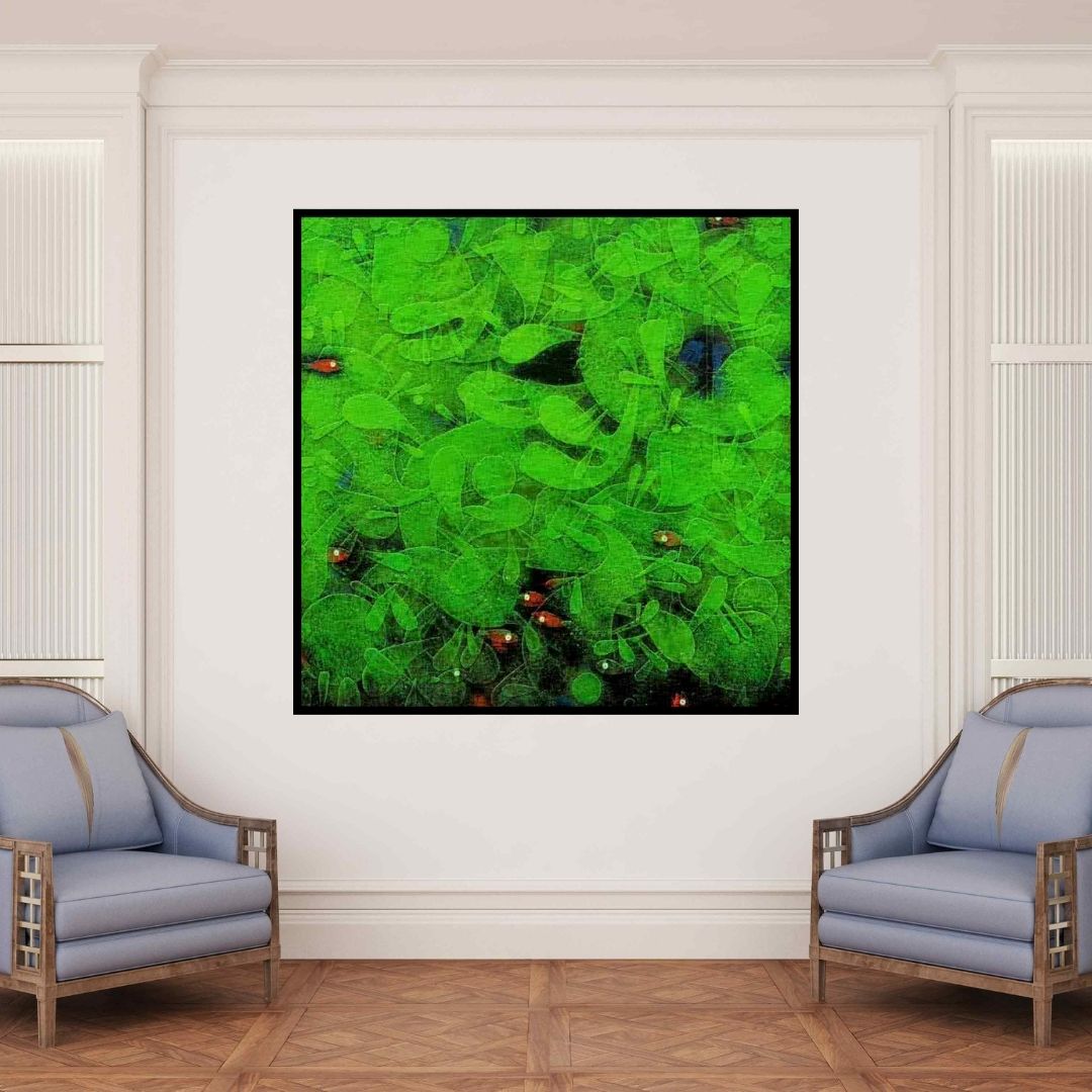 In-situ view of Basuki Dasgupta's 'Fishes In The Pond' painting in a room