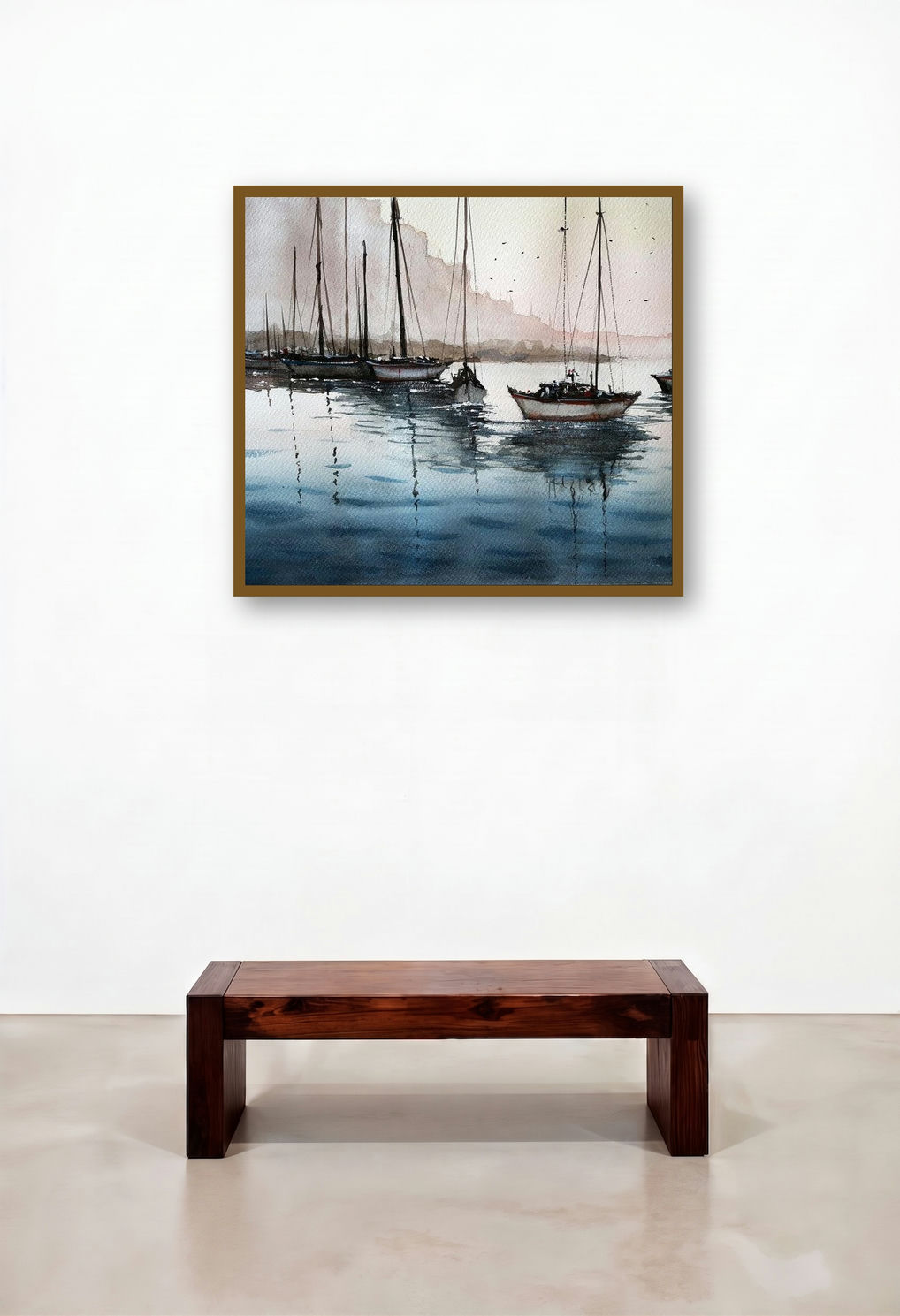 Fishing Boats (Tranquil Bay) by artist Arunava Ray displayed in a Traditional Hotel Suite