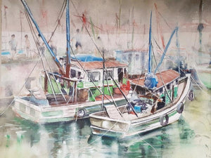 Fishing Boats In Chapora Goa (Morning at the Dock) by Mrutyunjaya Dash, Original Watercolor Landscape Painting on Paper, Small Horizontal Wall Art