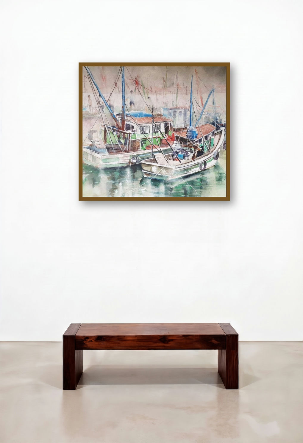 Fishing Harbor Chapora Goa (Busy Harbor) by artist Mrutyunjaya Dash displayed in a Luxury Library