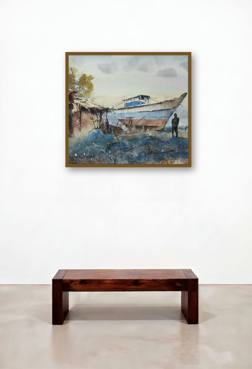 Fishing Village In Goa (Under Maintenance) by artist Mrutyunjaya Dash displayed in a Industrial Reception Area