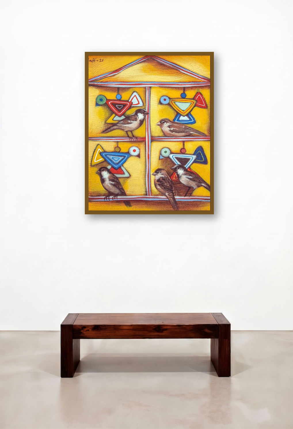 Five Sparrows (A House of Birds) by artist Balaji Ubale displayed in a Modern Foyer