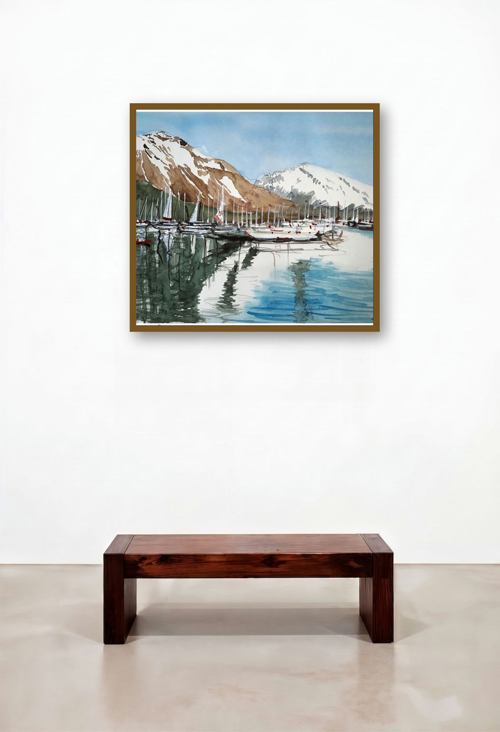 Fjords Of Alaska The Usa (Harbor Serenity) by artist Arunava Ray displayed in a Rustic Hotel Lobby