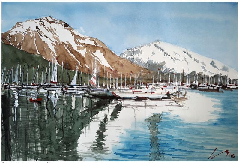 Cityscape watercolor painting titled 'Fjords Of Alaska The Usa', 7x11 inches, by artist Arunava Ray on Paper