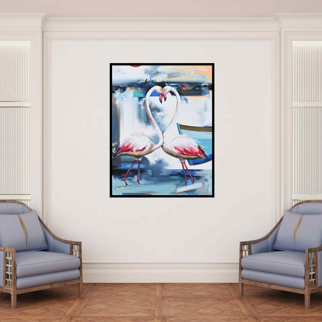 In-situ view of Vishwajeet Naik's 'Flamingo 1 (Flamingo Reverie)' painting in a room