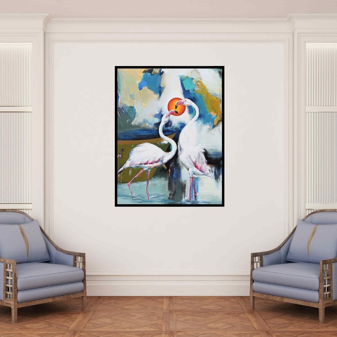 In-situ view of Vishwajeet Naik's 'Flamingo 2 (Flamingo Duet)' painting in a room