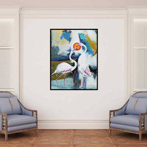 In-situ view of Vishwajeet Naik's 'Flamingo 2 (Flamingo Duet)' painting in a room