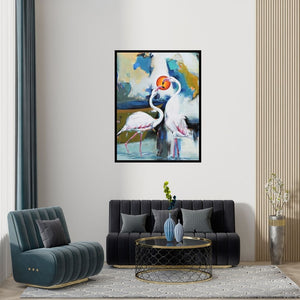 Preview of 'Flamingo 2 (Flamingo Duet)' Painting by Vishwajeet Naik shown on a wall in a furnished room.