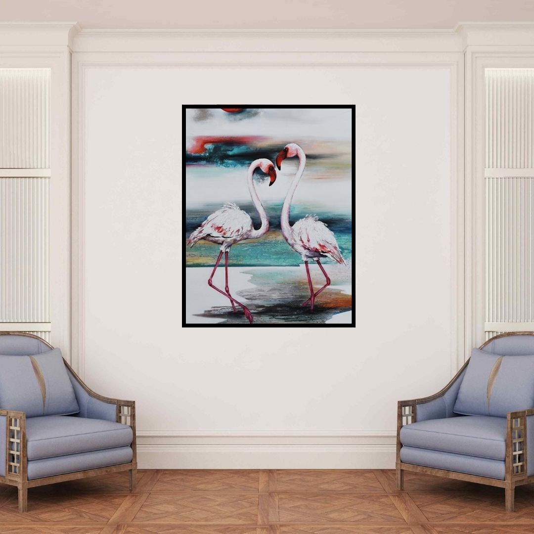 In-situ view of Vishwajeet Naik's 'Flamingo 3 (Whispers of the Wetlands)' painting in a room