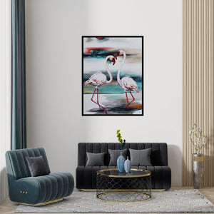 Preview of 'Flamingo 3 (Whispers of the Wetlands)' Painting by Vishwajeet Naik shown on a wall in a furnished room.