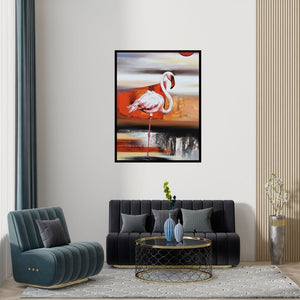 Preview of 'Flamingo 4 (Crimson Horizon)' Painting by Vishwajeet Naik shown on a wall in a furnished room.