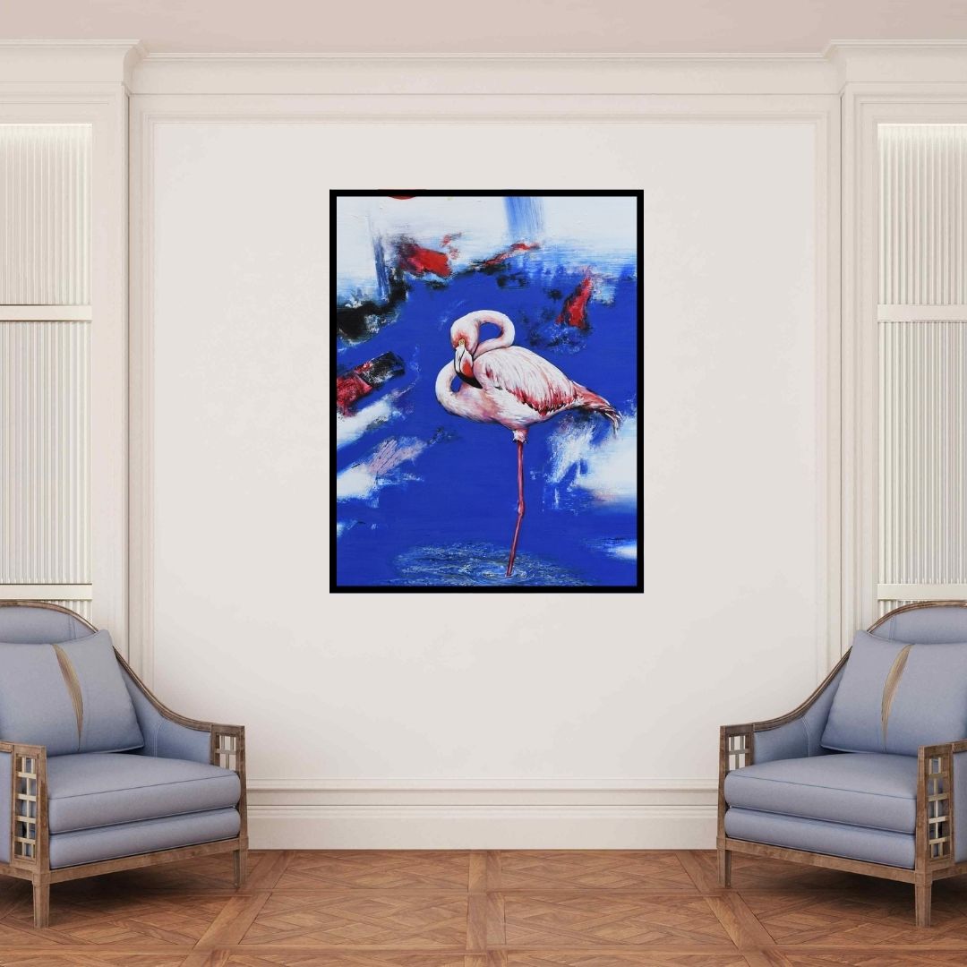 In-situ view of Vishwajeet Naik's 'Flamingo 5' painting in a room