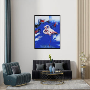 Preview of 'Flamingo 5' Painting by Vishwajeet Naik shown on a wall in a furnished room.