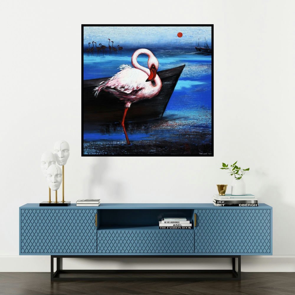 'Flamingo 6 (Voyage of the Pink Sentinels)' painting by Vishwajeet Naik shown on a wall in a furnished room.
