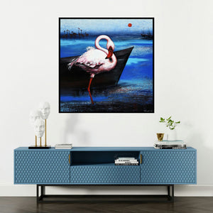 'Flamingo 6 (Voyage of the Pink Sentinels)' painting by Vishwajeet Naik shown on a wall in a furnished room.