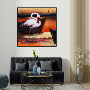 Vishwajeet Naik's 'Flamingo 7 (Crimson Dusk)' painting visualized above a sofa in a contemporary room.