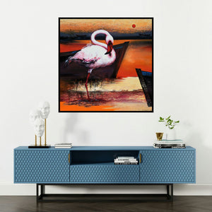 'Flamingo 7 (Crimson Dusk)' painting by Vishwajeet Naik shown on a wall in a furnished room.