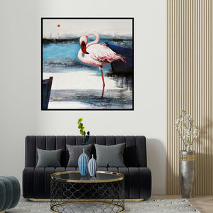 Vishwajeet Naik's 'Flamingo 8 (Misty Morning)' painting visualized above a sofa in a contemporary room.