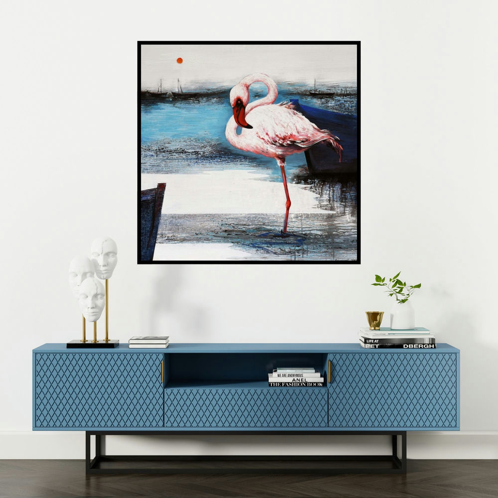 'Flamingo 8 (Misty Morning)' painting by Vishwajeet Naik shown on a wall in a furnished room.