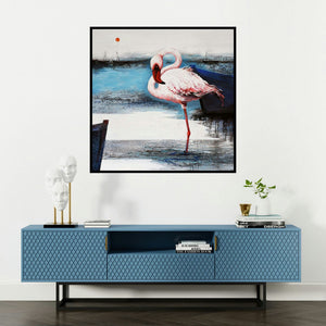 'Flamingo 8 (Misty Morning)' painting by Vishwajeet Naik shown on a wall in a furnished room.