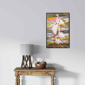 Shivani Attri's painting 'Flamingos (Graceful Gathering)' displayed in a modern living room setting
