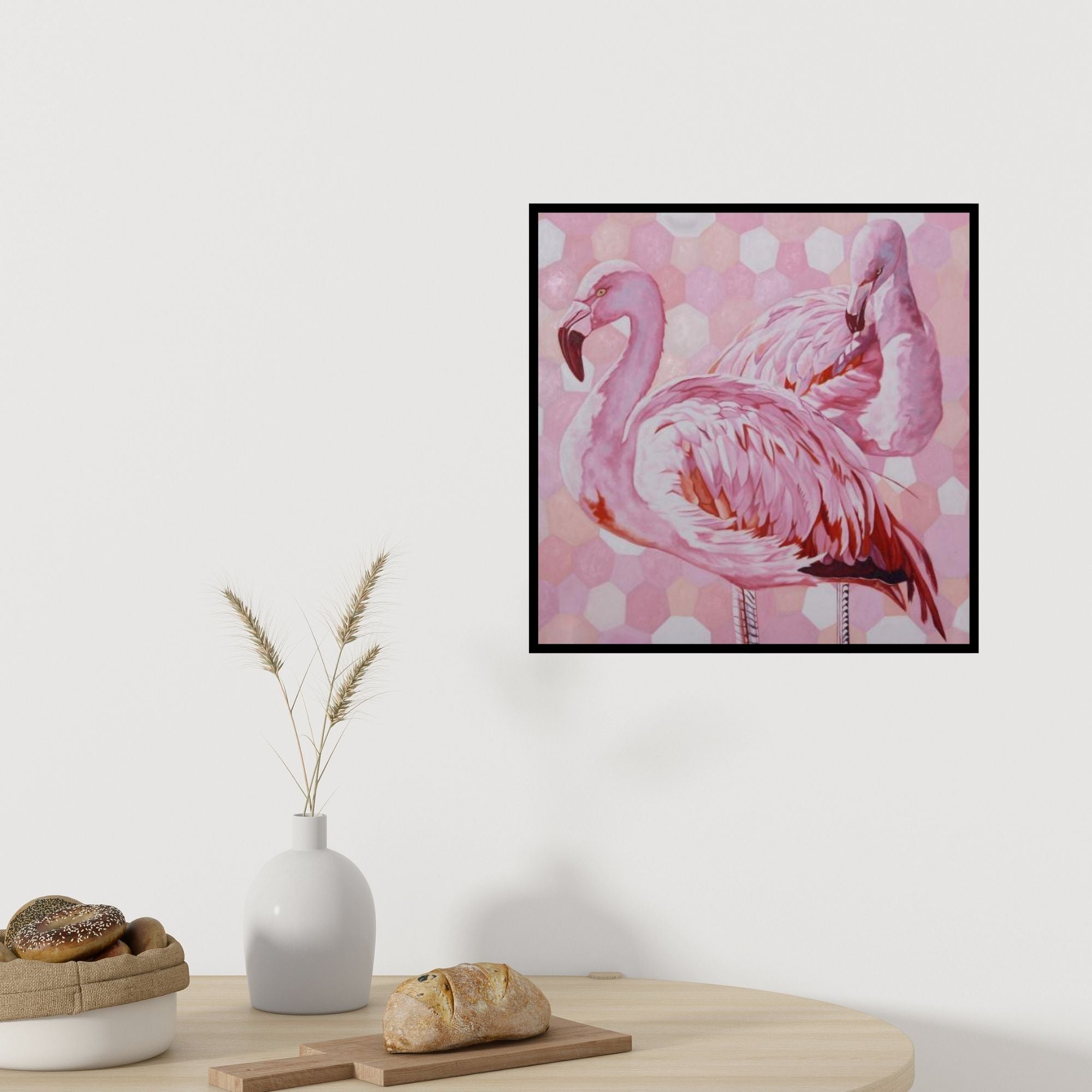 In-situ view of Gunjan Adya's 'Flamingos' painting in a room