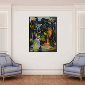 In-situ view of Debabrata Hazra's 'Flickering Through The Woods (Hidden Depths)' painting in a room