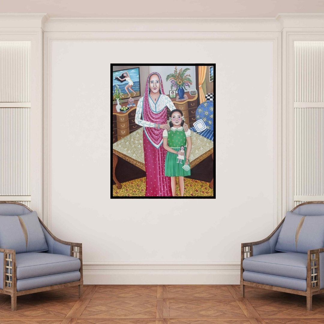 In-situ view of Nayanaa Kanodia's 'The Flight Of The Girl Child (A Moment of Reflection)' painting in a room