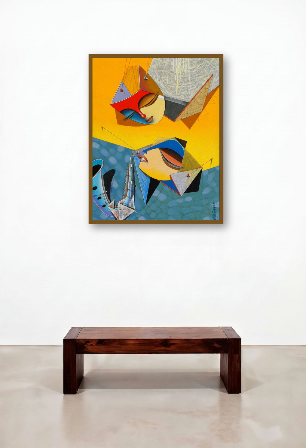 Flight Of Imagination 5 (Suspended Melodies) by artist Pradip Sarkar displayed in a Mid-Century Modern Hallway