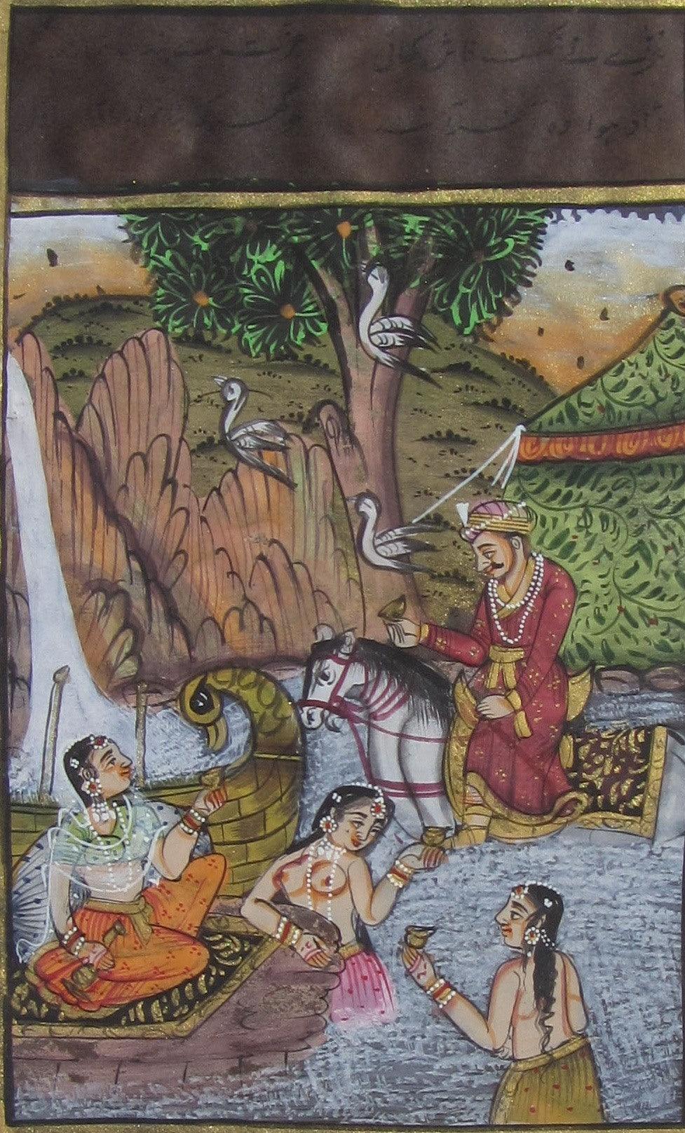 Figurative mughal traditional art titled 'Flitatious Mughal King With Queens', 6x8 inches, by artist Unknown on Paper