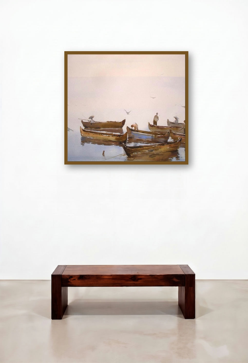Floating (Morning Mist) by artist Vijay Jadhav displayed in a Mid-Century Modern Bedroom